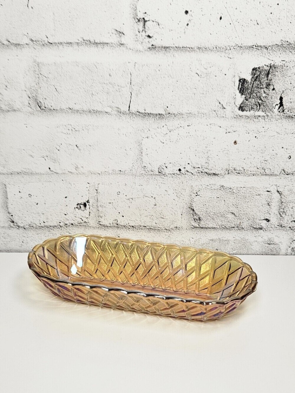 Vintage Carnival Glass Amber Iridescent Oval Relish Tray Pressed Glass 10 Inch